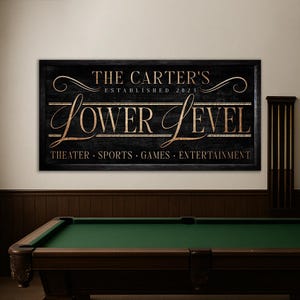May include: A black wooden sign with gold lettering that reads "THE CARTER'S ESTABLISHED 2023 LOWER LEVEL THEATER SPORTS GAMES ENTERTAINMENT." The sign is above a pool table with a green felt surface.