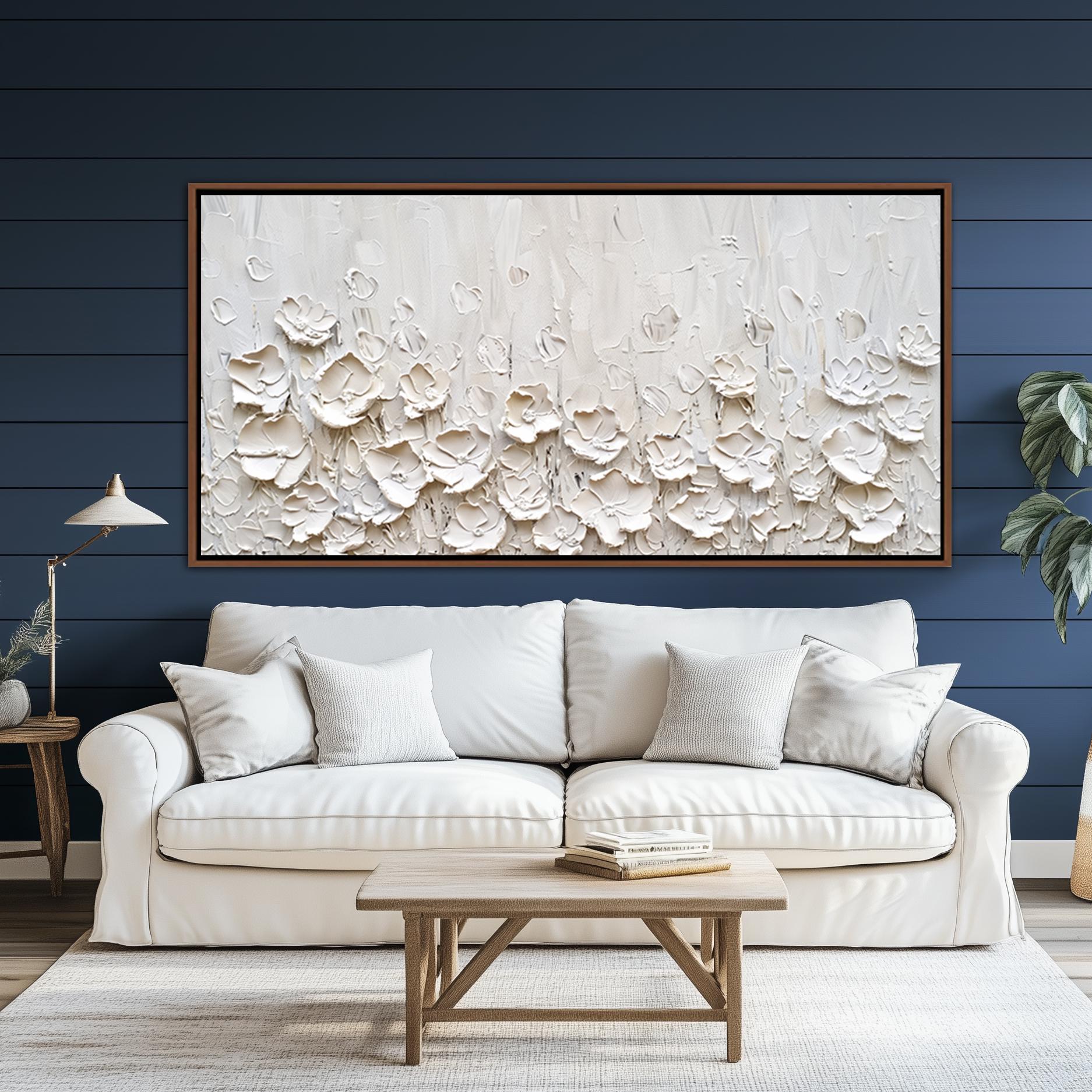 Abstract White Flowers Framed Wall Art, Floral Modern Home Canvas Decor ...