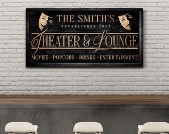 Custom Theater And Lounge Wall Art, Personalized Family Name Basement Canvas Print, Rustic Living Room Sign, Vintage Home Theater Wall Decor