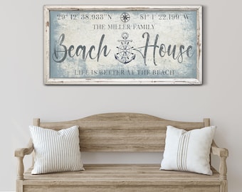 Custom Beach House Wall Decor with Family Name, Personalized Coordinates Canvas Print, Rustic Modern Farmhouse Decor, Housewarming Gift