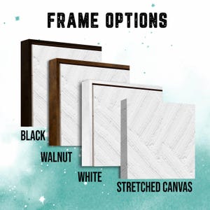 May include: Image displaying frame options: black, walnut, white, and stretched canvas. Each frame style surrounds a white textured surface. The text "FRAME OPTIONS" is at the top in bold, black letters.