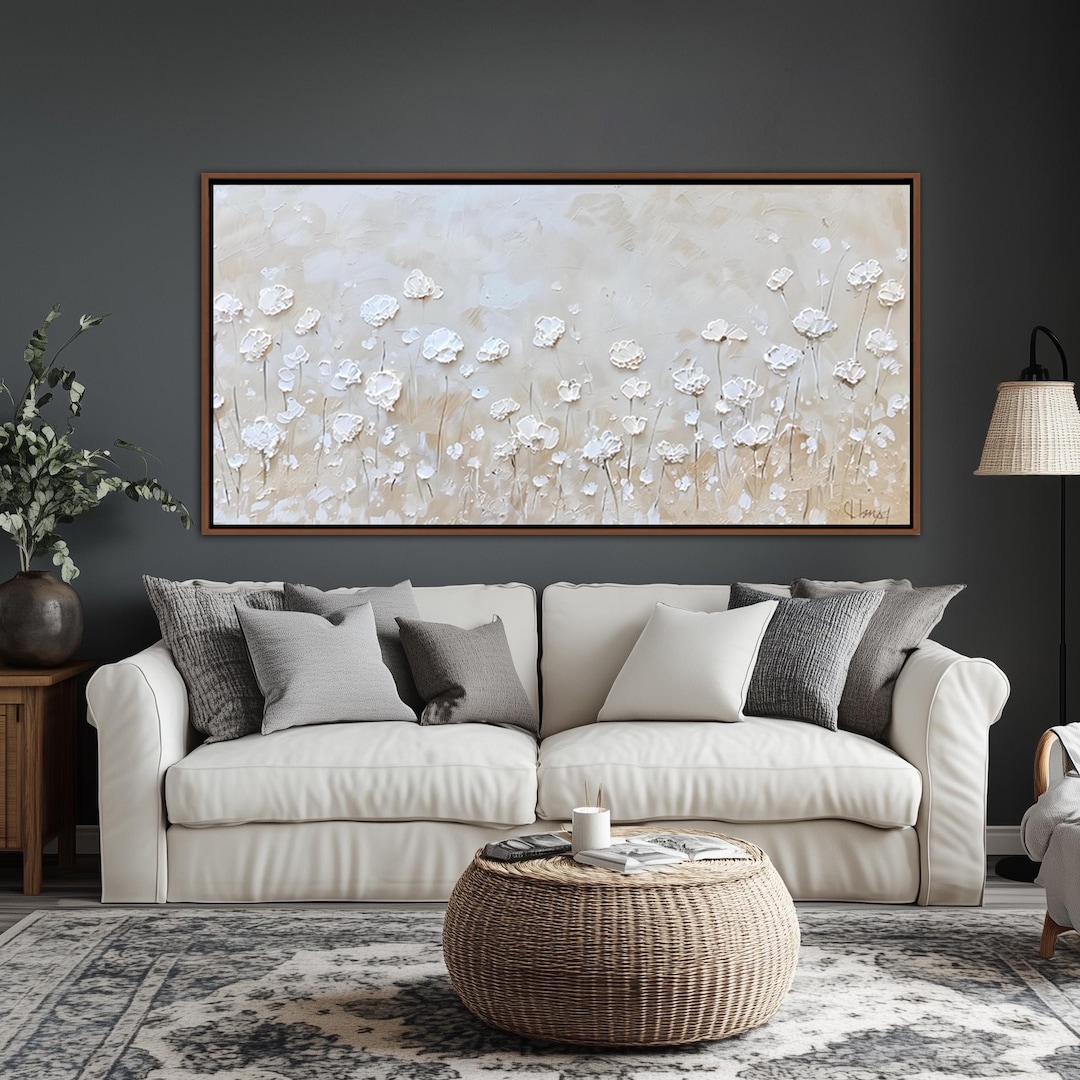 White Floral Framed Wall Art, Vintage Flowers Landscape Wall Decor, Botanical Modern Farmhouse Canvas Art, Field Of Wildflowers Canvas Print - 24x48, Wrap Canvas