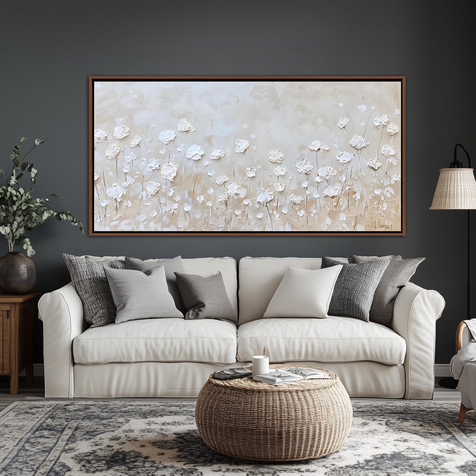 White Floral Framed Wall Art, Vintage Flowers Landscape Wall Decor, Botanical Modern Farmhouse Canvas Art, Field Of Wildflowers Canvas Print - 20x40, Walnut Framed Canvas