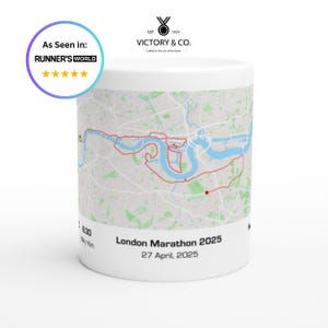 Taza premium con mapa Strava del Maratón de Londres 2025 / Taza de café con ruta personalizada / Regalo personalizado para corredores / Recuerdo único del maratón
