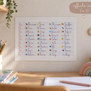 May include: A rectangular educational poster titled Affiche sons (n.1) featuring rows of French words written in cursive script, each paired with a small colorful icon representing the word, organized on lined paper with red and blue ink.