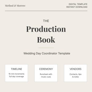May include: A digital template titled The Production Book Wedding Day Coordinator Template by Method & Morrow. It features sections for a timeline with 15-minute increments, a ceremony runsheet with music cues, and a vendor list with contacts, tips, and notes.