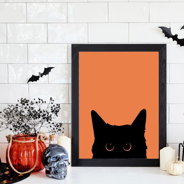 Peek-a-Boo Black Cat on Orange Background | Digital Download | Cute Easy Printable Decor | 8 Files for many sizes