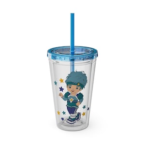 Acrylic Tumbler, Rainbow Brite Color Kids Tumbler with Buddy Blue Design, 16oz - Great Gift for 1980s TV Cartoon Fans, Colorful Drinking