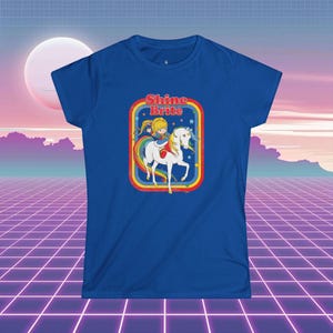 Vintage Style Rainbow Brite Women&#39;s Softstyle Tee | Shine Brite with Starlite Horse | 1980s Retro Cartoon and Toys, Colorful Graphic Tee,