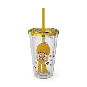 Canary Yellow Acrylic Tumbler: 1980s Cartoon Mug with Straw