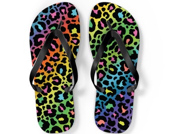 Rainbow Neon Leopard, Cheetah Print Women Flip Flops / Lisa Frank-*inspirada* 90s Retro, Y2K, 80s Vintage Pop Sandalias de verano