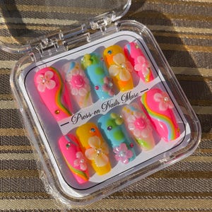 Colorful Summer Nail Vibes with 3D Flower designs | Reusable Handmade Press-on Nails