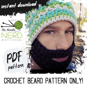 May include: Crochet beard pattern PDF download. The pattern includes instructions for crocheting a beard with a mustache. The image shows a person wearing a crocheted beard and hat.