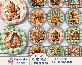 Gingerbread Cookie, Circle Tags Gift Labels 2.5 inches, DIY, Retro Christmas, Tags, Shabby Chic, Collage Sheet, Stickers, Digital Download