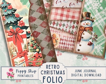 Retro Christmas Junk Journal Printable Folio, Folding Pocket Folder, Retro Santa, Folio, Vintage, Journal Ephemera, Printable, Digi Download