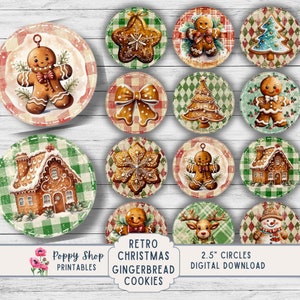 Gingerbread Cookie, Circle Tags Gift Labels 2.5 inches, DIY, Retro Christmas, Tags, Shabby Chic, Collage Sheet, Stickers, Digital Download