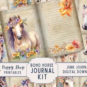 Pferd Junk Journal Kit, Boho Pferd, Shabby, Floral, Journal Seiten, Junk Journal, Pferde Ephemera, bedruckbar, Pferde Journal, digitaler Download