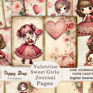 Valentine Junk Journal, Cute Girls, Valentine Girls, Valentine Journal, Valentine, Kids, Ephemera. Junk Journal Pages, Printable, Decoupage
