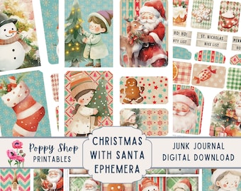 Christmas With Santa Ephemera, Vintage, Christmas Ephemera, Reindeer, Cute Christmas, Junk Journal Kit, Printable, Scrapbook, Download