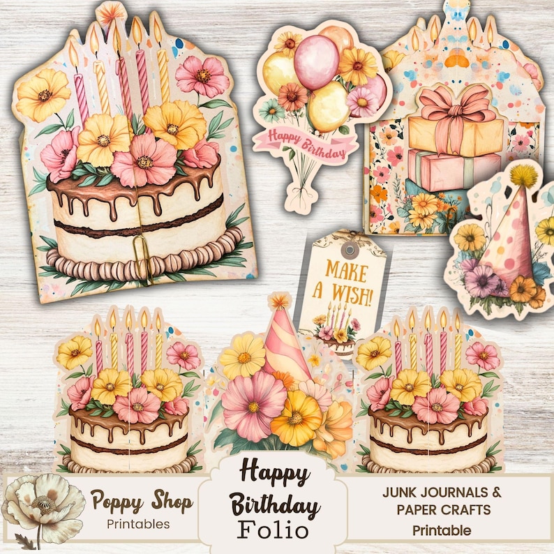 May include: Printable digital paper craft set featuring a birthday cake with candles, flowers, and a party hat. The set includes a variety of elements, such as balloons, gift boxes, and a tag that says "Make a Wish!" The set is perfect for junk journals, paper crafts, and other creative projects.