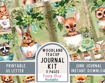 Woodland Animal, Junk Journal Kit, Vintage, Teacup, Animals, Journal Pages, Junk Journal, Woodland Ephemera, Printable, Scrapbook, Download