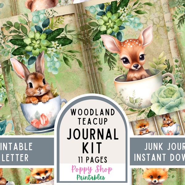 Woodland Animal, Junk Journal Kit, Vintage, Teacup, Animals, Journal Pages, Junk Journal, Woodland Ephemera, Printable, Scrapbook, Download