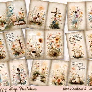 May include: A collection of vintage-style junk journal pages with floral and religious illustrations. The pages feature watercolor paintings of crosses, churches, flowers, and inspirational quotes. The color palette includes soft pastels and earth tones. The text "Poppy Shop Printables" and "JUNK JOURNALS & PAPER CRAFTS" are visible.