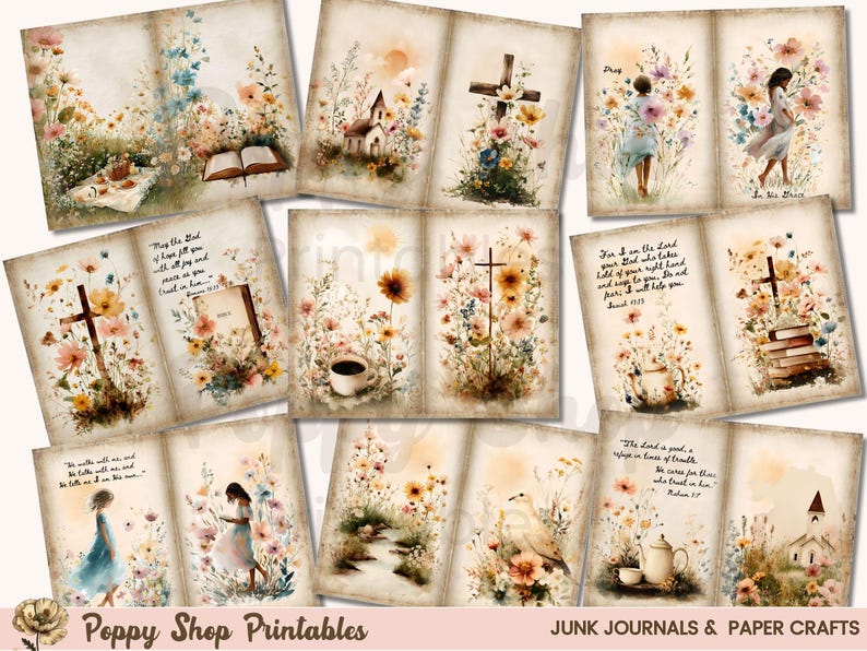 May include: A collection of vintage-style junk journal pages with floral and religious illustrations. The pages feature watercolor paintings of crosses, churches, flowers, and inspirational quotes. The color palette includes soft pastels and earth tones. The text "Poppy Shop Printables" and "JUNK JOURNALS & PAPER CRAFTS" are visible.