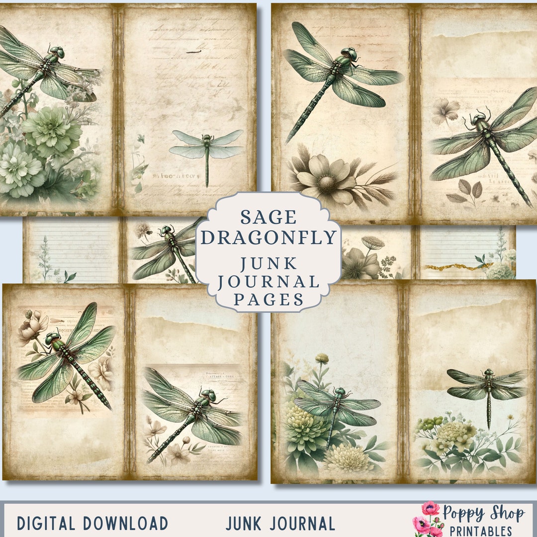 Dragonfly Junk Journal, Vintage, Junk Journal Kit, Dragonfly, Sage ...