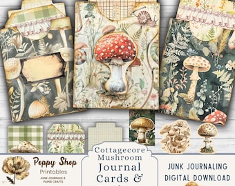 May include: Printable cottagecore mushroom journal cards and pockets with a vintage aesthetic. The design features mushrooms, leaves, and flowers in shades of green, brown, and red. The text "Cottagecore Mushroom Journal Cards & Pockets Printable" is included.