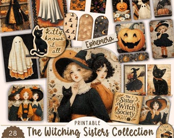May include: A selection of printable Halloween ephemera with witches, ghosts, black cats, and pumpkins. Includes tags, illustrations, and the text "The Witching Sisters Collection Spellbound Ephemera". Ideal for junk journals and paper crafts.