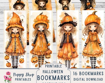 May include: Set of 16 printable Halloween bookmarks featuring cute cartoon girls dressed in witch costumes with pumpkins. The bookmarks are 2 inches by 6 inches and are perfect for kids.