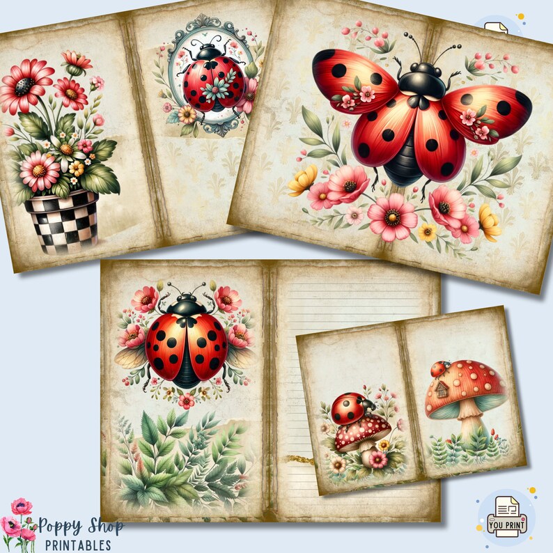 Ladybug Junk Journal, Ladybug Journal Pages, Floral, Colorful ...