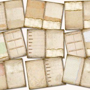 May include: A set of printable vintage style journal pages with different layouts, including a calendar, weekly planner, and lined pages. The pages have a distressed, aged look with torn edges and a brown and white color scheme.