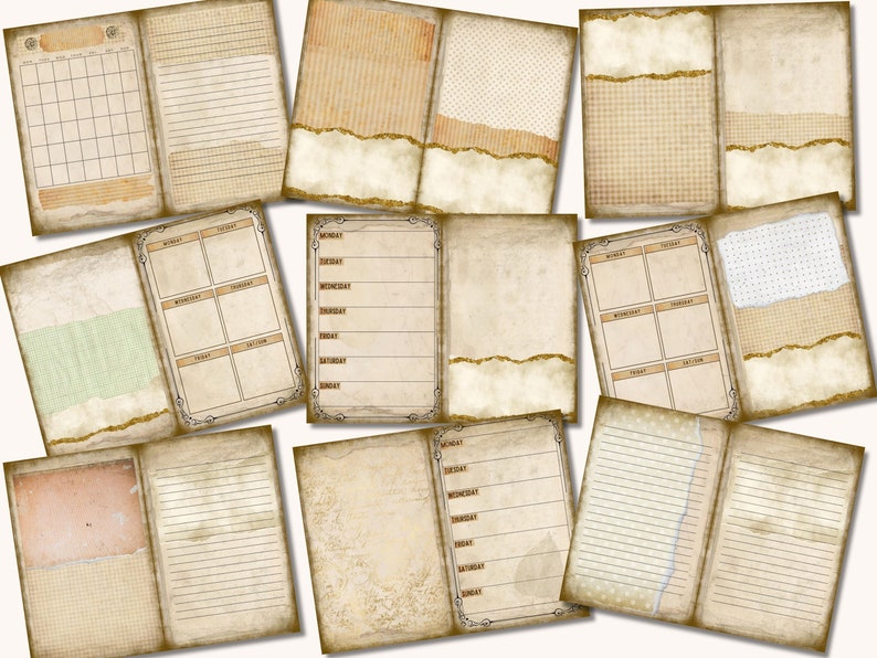 May include: A set of printable vintage style journal pages with different layouts, including a calendar, weekly planner, and lined pages. The pages have a distressed, aged look with torn edges and a brown and white color scheme.