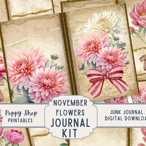 Kit de journal indésirable, novembre, fleurs du mois de naissance, minable, pivoines, chrysanthème, page de journal, journal indésirable, éphémère, imprimable, téléchargement