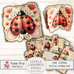 Ladybug Folio, Kit de Folio para Impressão, Junk Journal Folio, Multi Dobra, Pasta de Bolso Dobrável, Vintage, Diário Efêmero, Para Imprimir, Baixar