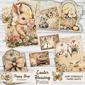 Folio de primavera, tarjeta de Pascua imprimible, folio de Pascua, kit de folio imprimible, diario basura, carpeta de bolsillo, efímera de diario, bolsillo cargado, conejito