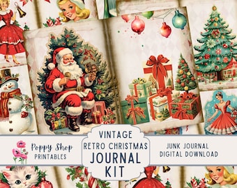 Retro Vintage Christmas Junk Journal Kit, Christmas Junk Journal, Vintage Santa, Printable, Christmas Ephemera, Journal Pages, Download