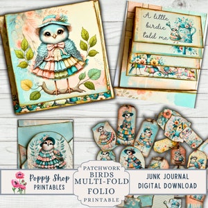 Bird Folio, Printable Folio Kit, Junk Journal Folio, Patchwork Birds, Folding Pocket Folder, Card, Journal Ephemera, Printable, Download
