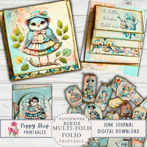 Fólio de pássaros, kit de fólio para impressão, fólio de diário de lixo, pássaros de retalhos, pasta de bolso dobrável, cartão, diário efêmero, para impressão, download