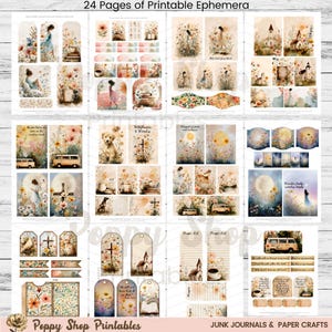 May include: A collection of 24 pages of printable ephemera featuring watercolor illustrations of flowers, churches, animals, and inspirational quotes. The designs include tags, journal pages, and decorative elements, perfect for junk journals and paper crafts.