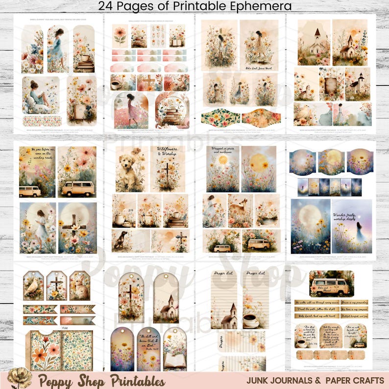 May include: A collection of 24 pages of printable ephemera featuring watercolor illustrations of flowers, churches, animals, and inspirational quotes. The designs include tags, journal pages, and decorative elements, perfect for junk journals and paper crafts.