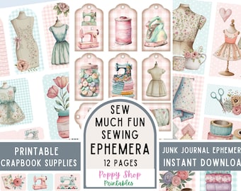 Efímeras de costura, colchas vintage, vestidos, diario basura en tonos pastel, descarga digital