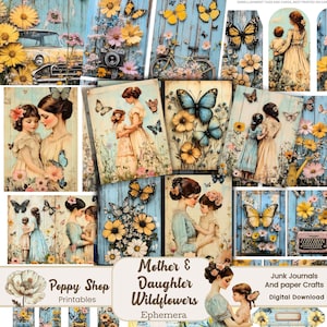 Mother and Daughter Ephemera, Mother&#39;s Day Ephemera, Wildflower Ephemera, Vintage Floral Junk Journal, Mothers Printable, Shabby Flowers