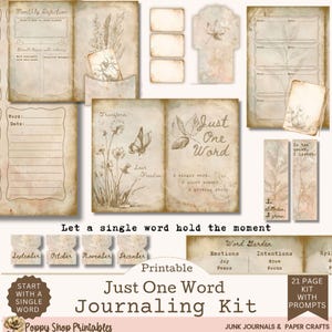 Journal en un mot, réflexion quotidienne imprimable avec invites, pochettes, compléments pour journal indésirable, kit de journal créatif simple, fournitures de journalisation