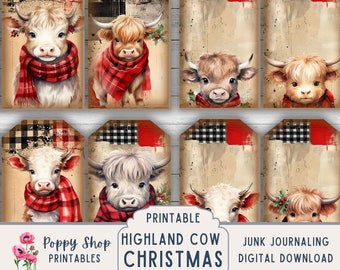 Christmas Highland Cow Gift Tags, Country, Farm, Highland Cow, DIY, Christmas, Tag, Labels, Collage, Stickers, Printable, Digital Download