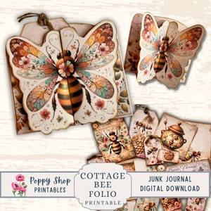 Bee Folio, Kit de Folio para Impressão, Abelha, Junk Journal Folio, Multi Dobra, Pasta de Bolso Dobrável, Vintage, Diário Efêmero, Para Imprimir, Baixar