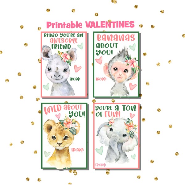 Safari Animal Valentines Day Cards, Animal Valentine, Printable, Classroom Valentine Cards, Kids Valentines Day Cards, Instant Download cute