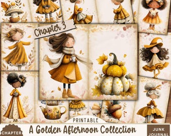 Op de afbeelding: Een verzameling afdrukbare junk journal pagina's met illustraties van meisjes in herfstthema outfits. De pagina's hebben een warm kleurenpalet van geel, oranje en bruin, met de tekst "A Golden Afternoon Collection The Garden Girls".